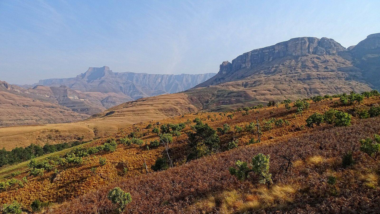 De rotswand van het Amphitheatre in de Drakensberg bij helder weer
